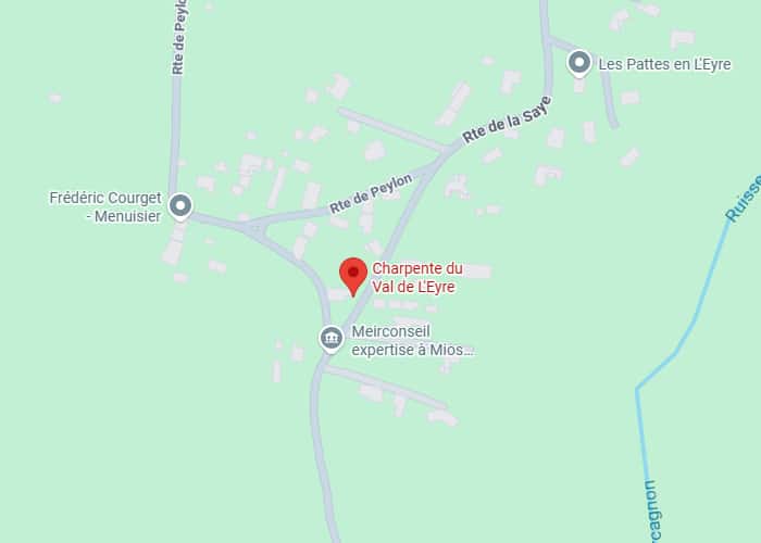 Charpente Val de L'Eyre : Adresse et accès Rte de Peylon/Saye Carte de localisation de Charpente du Val de L'Eyre (pin rouge), avec Rte de Peylon, Frédéric Courget Menuisier et Meirconseil Expertise.